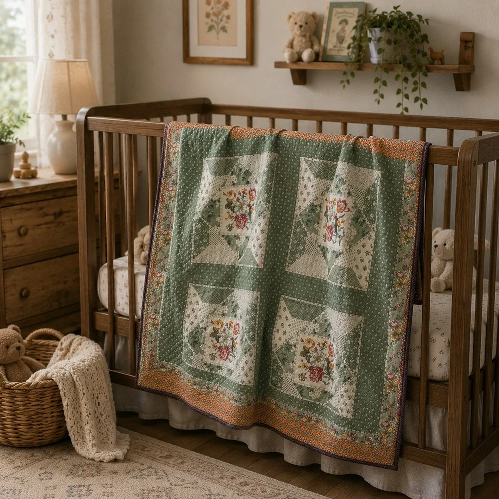 Vintage Patchwork Baby Quilt Blanket Floral Cottage Green Pink 39x41 Nursery